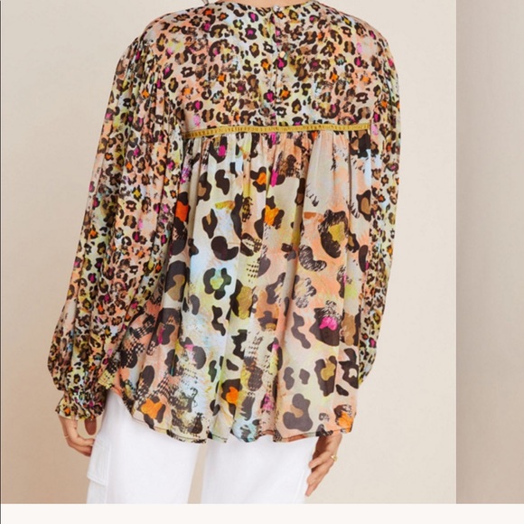 Anthropologie Bl^nk London Miranda Peasant Blouse Blank multi cheetah print S - Picture 2 of 9